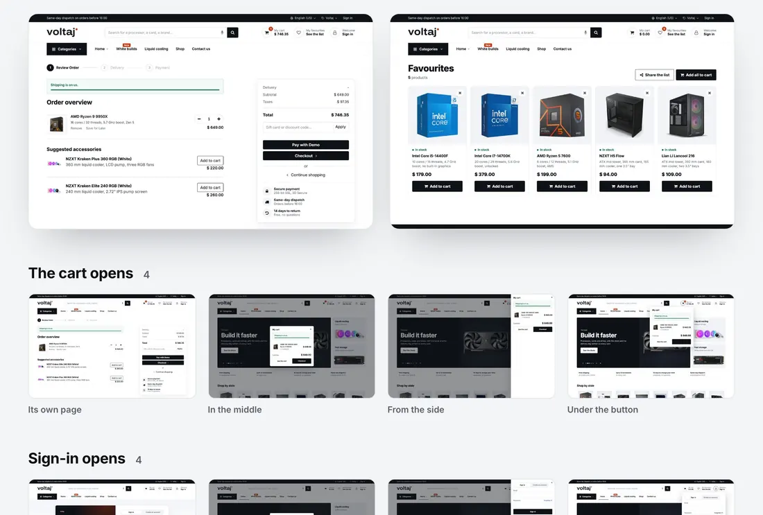 Cart, sign-in and favourites